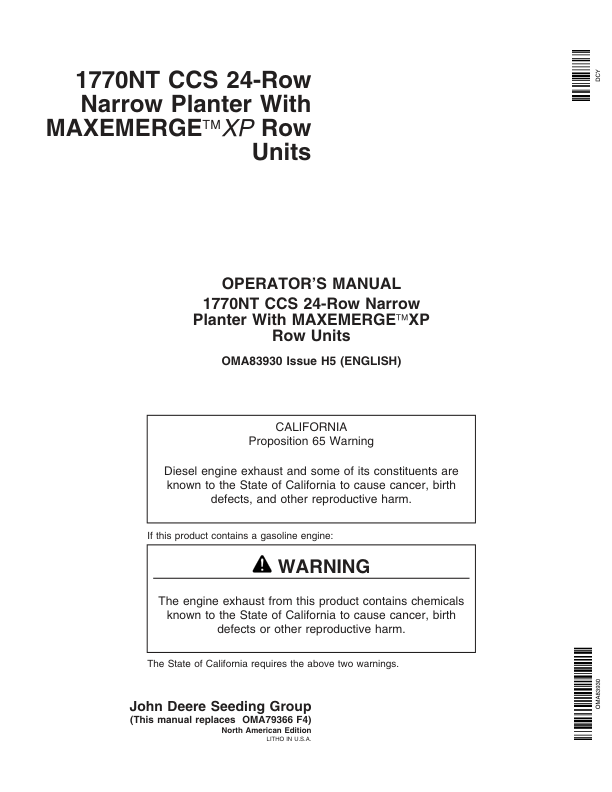 John Deere 1770NT 24-Row CCS MaxEmerge Planter w/XP Row Units Operator’s Manual (OMA83930) Workshop Guide