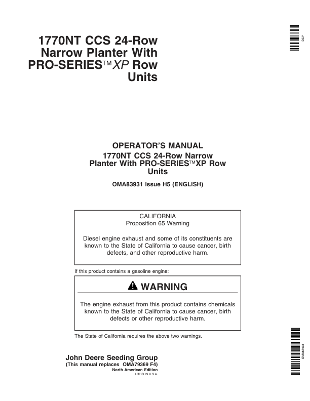 John Deere 1770NT 24-Row CCS Pro-Series Planter with XP Row Units Operator’s Manual (OMA83931) Workshop Guide
