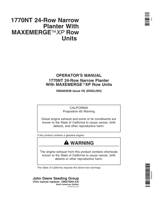 John Deere 1770NT 24-Row MaxEmerge Planter Operator’s Manual (OMA83938) Workshop Guide