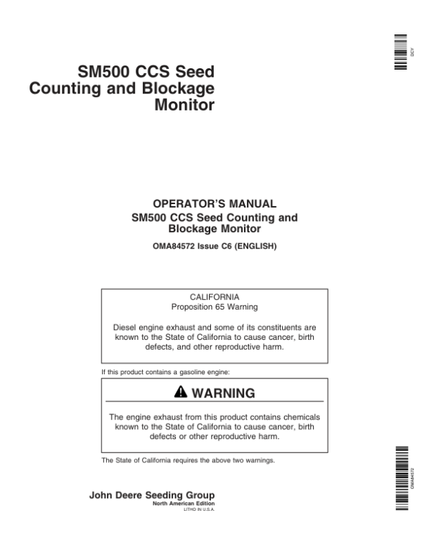 John Deere CCS Seed Counting & Blockage Monitor – SM500 Monitor Operator’s Manual (OMA84572) Workshop Guide