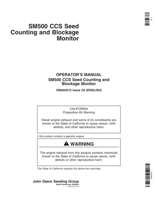 John Deere CCS Seed Counting & Blockage Monitor – SM500 Monitor Operator’s Manual (OMA84572) Workshop Guide