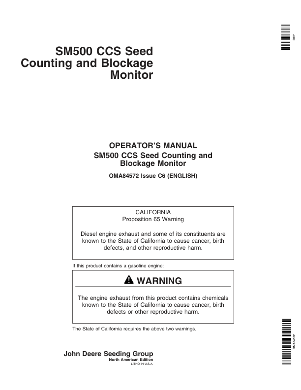 John Deere CCS Seed Counting & Blockage Monitor – SM500 Monitor Operator’s Manual (OMA84572) Workshop Guide