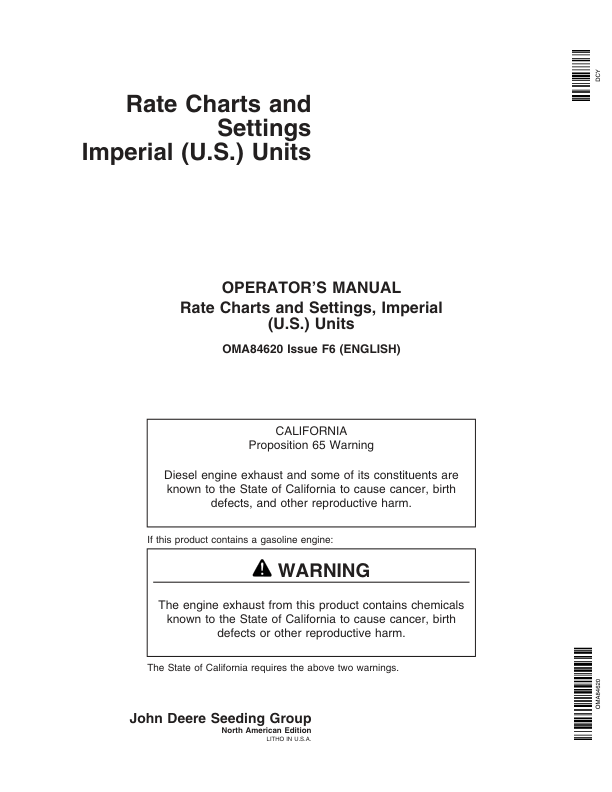 John Deere Rate Charts & Settings Standard Units (720101- ) Operator’s Manual (OMA84620) Workshop Guide