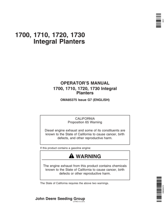 John Deere 1700, 1710, 1720 & 1730 Integral Planter North America & Australia Edition (725101-730100) Operator’s Manual (OMA85375) Workshop Guide