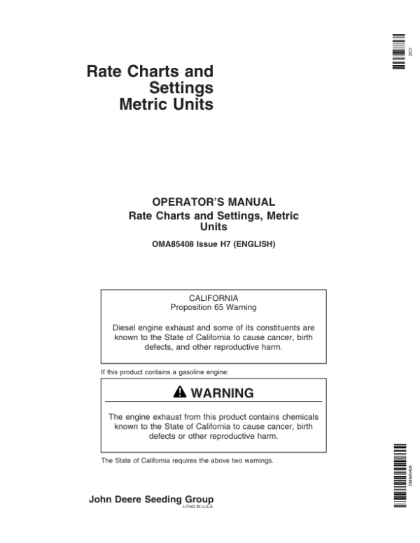 John Deere Rate Charts & Settings Metric Units (725101-735100 ) Operator’s Manual (OMA85408) Workshop Guide