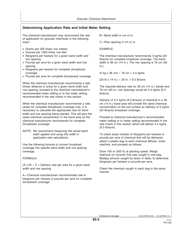 John Deere Rate Charts & Settings Metric Units (725101-735100 ) Operator’s Manual (OMA85408) Workshop Guide