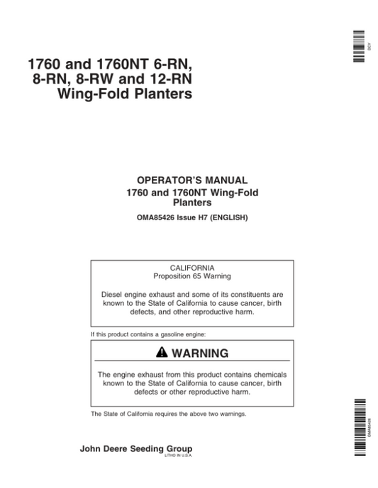 John Deere 1760 & 1760NT Planters / Order w/Rate Charts Manual per S.N. (720101- ) Operator’s Manual (OMA85426) Workshop Guide