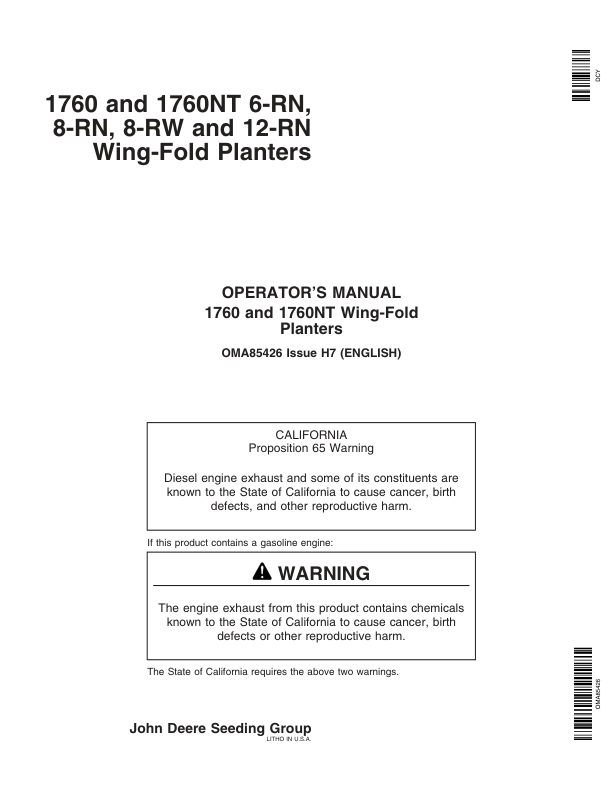 John Deere 1760 & 1760NT Planters / Order w/Rate Charts Manual per S.N. (720101- ) Operator’s Manual (OMA85426) Workshop Guide