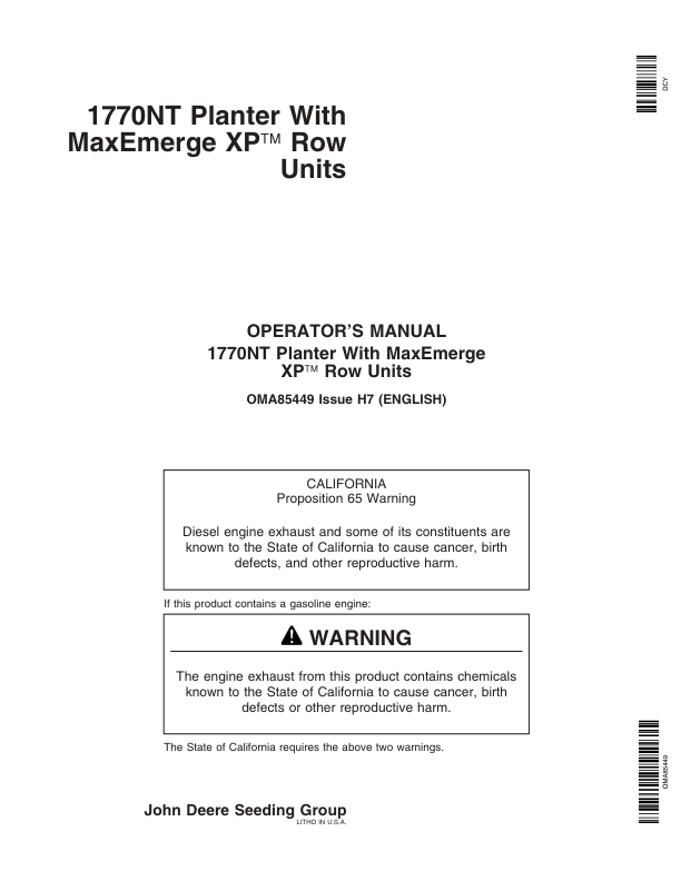 John Deere 1770NT 12/16/24 Row Planter with MaxEmerge XP Row Units Operator’s Manual (OMA85449) Workshop Guide