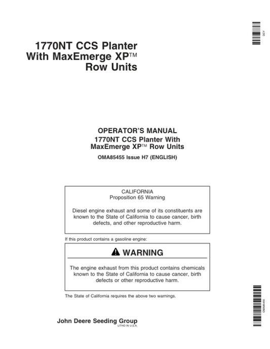John Deere 1770NT CCS Planter (12/16/24 Row) w/MaxEmerge XP Row Units Operator’s Manual (OMA85455) Workshop Guide