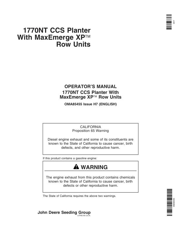 John Deere 1770NT CCS Planter (12/16/24 Row) w/MaxEmerge XP Row Units Operator’s Manual (OMA85455) Workshop Guide