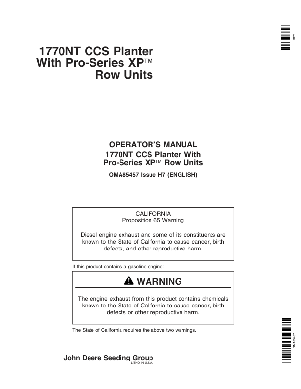 John Deere 1770NT 12/16/24 Row CCS ProSeries Planter with XP Row Units Operator’s Manual (OMA85457) Workshop Guide