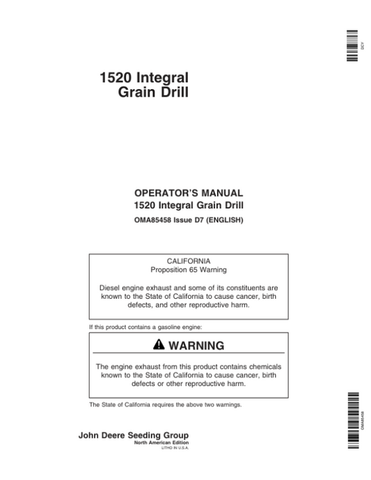 John Deere 1520 Integral Grain Drill (North America) (725101-745100) Operator’s Manual (OMA85458) Workshop Guide