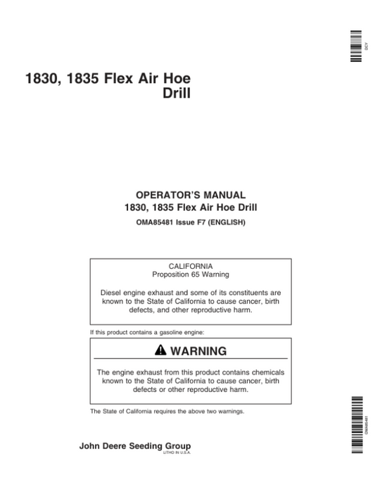 John Deere 1830 & 1835 Flex Air Hoe Drill North America (720101-730100) Operator’s Manual (OMA85481) Workshop Guide