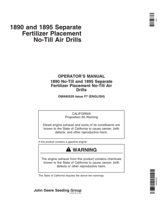 John Deere 1890 & 1895-SFP No-Till Air Drills North America & Australia Edition (710101-730100) Operator’s Manual (OMA85529) Workshop Guide