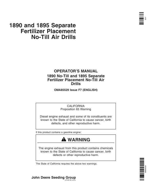 John Deere 1890 & 1895-SFP No-Till Air Drills North America & Australia Edition (710101-730100) Operator’s Manual (OMA85529) Workshop Guide