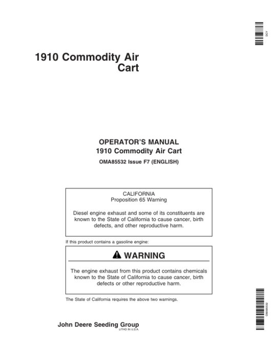 John Deere 1910 Commodity Air Cart (Ground Driven) Americas Edition (710101-730100) Operator’s Manual (OMA85532) Workshop Guide