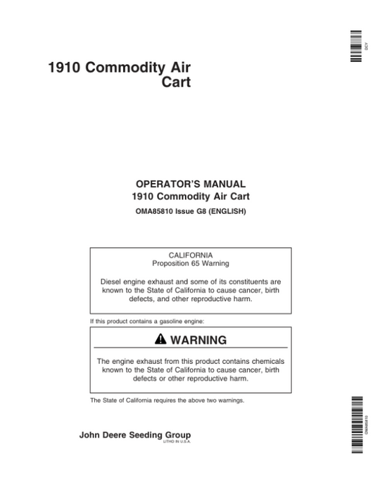 John Deere 1910 Commodity Air Cart Export Edition (730101-735100) Operator’s Manual (OMA85810) Workshop Guide
