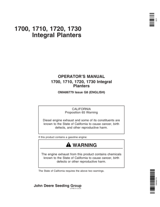 John Deere 1700, 1710, 1720 & 1730 Integral Planters North America, Australia Edition (730101-735100) Operator’s Manual (OMA86779) Workshop Guide