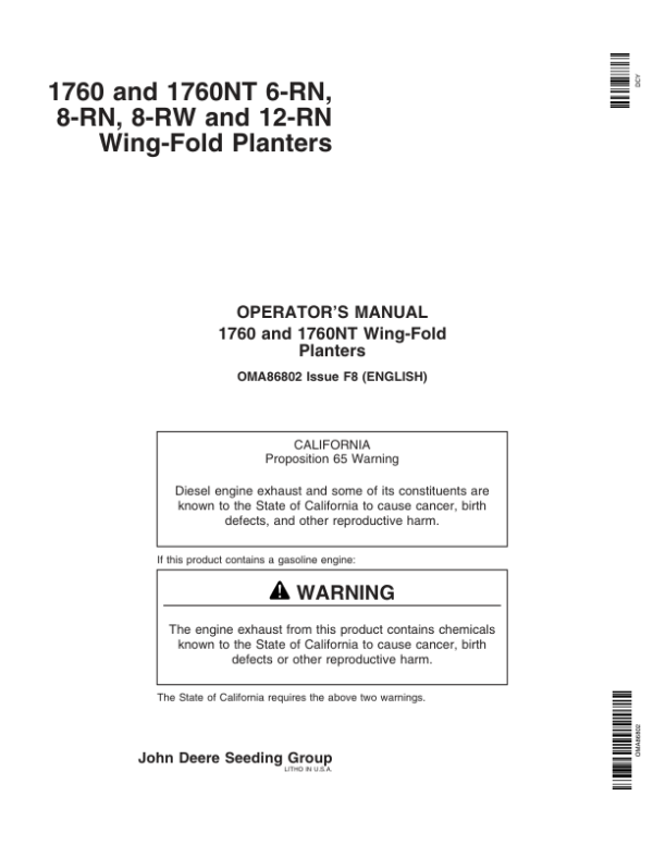 John Deere 1760, 1760NT 6-RN, 8-RN, 8-RW, 12-RN Wing-Fold Planters (730101-735100) Operator’s Manual (OMA86802) Workshop Guide
