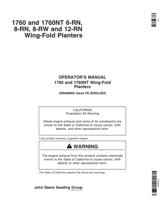 John Deere 1760, 1760NT 6-RN, 8-RN, 8-RW, 12-RN Wing-Fold Planters (730101-735100) Operator’s Manual (OMA86802) Workshop Guide