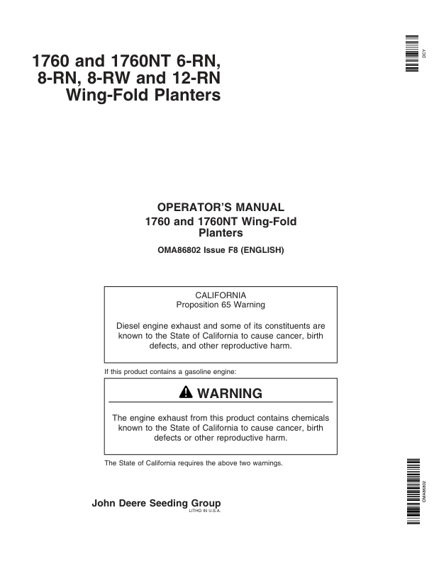 John Deere 1760, 1760NT 6-RN, 8-RN, 8-RW, 12-RN Wing-Fold Planters (730101-735100) Operator’s Manual (OMA86802) Workshop Guide