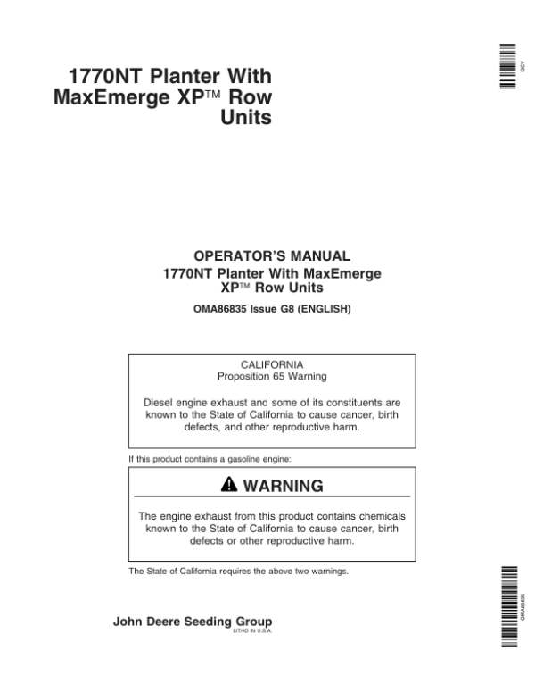 John Deere 1770NT 12/16/24 Row Planter with MaxEmerge XP Row Units Operator’s Manual (OMA86835) Workshop Guide