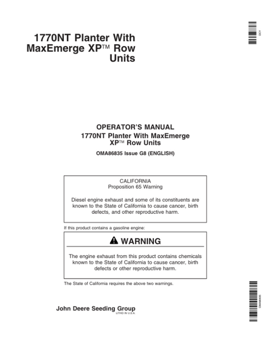 John Deere 1770NT 12/16/24 Row Planter with MaxEmerge XP Row Units Operator’s Manual (OMA86835) Workshop Guide