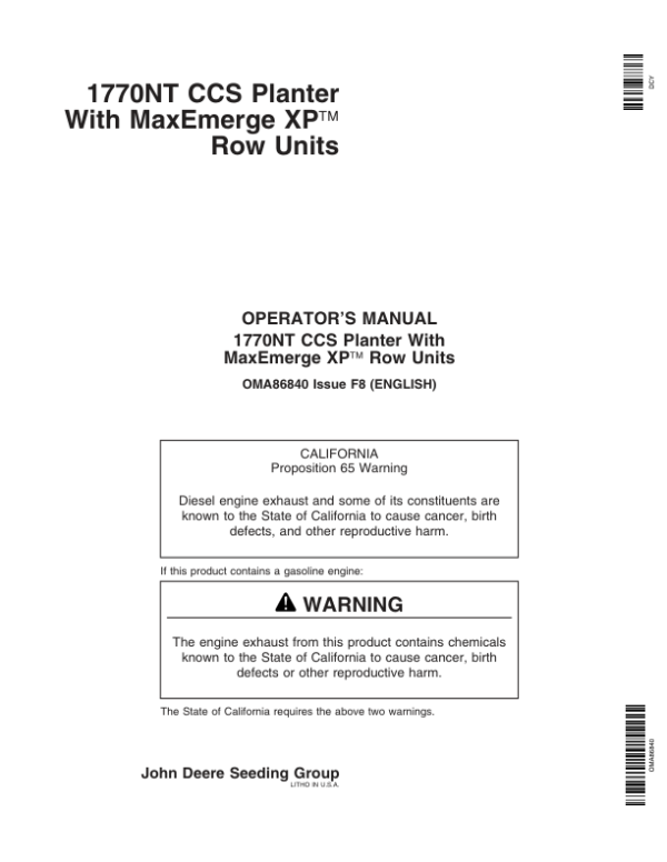 John Deere 1770NT CCS Planter (12/16/24 Row) w/MaxEmerge XP Row Units Operator’s Manual (OMA86840) Workshop Guide