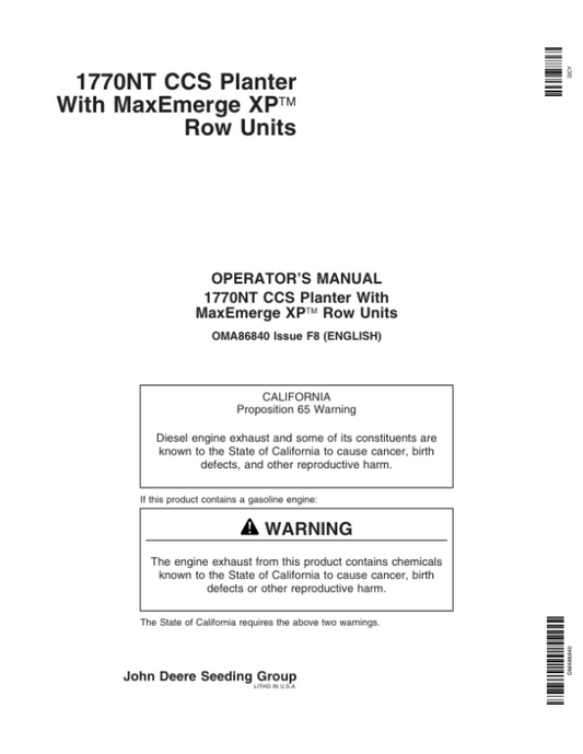 John Deere 1770NT CCS Planter (12/16/24 Row) w/MaxEmerge XP Row Units Operator’s Manual (OMA86840) Workshop Guide