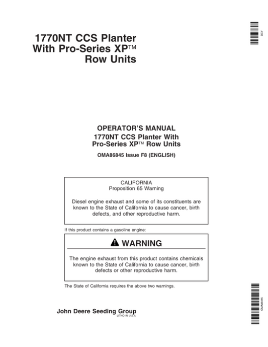 John Deere 1770NT 12/16/24 Row CCS ProSeries Planter with XP Row Units Operator’s Manual (OMA86845) Workshop Guide