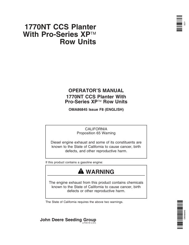John Deere 1770NT 12/16/24 Row CCS ProSeries Planter with XP Row Units Operator’s Manual (OMA86845) Workshop Guide