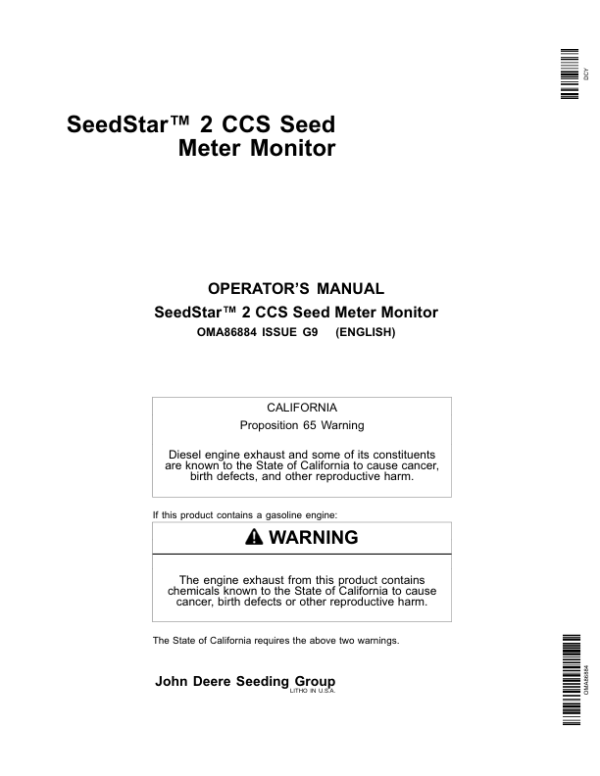 John Deere SeedStar 2 CCS Seed Meter Monitor (735101-) Operator’s Manual (OMA86884) Workshop Guide