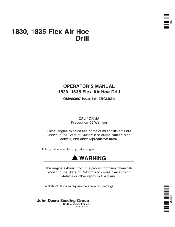 John Deere 1830 & 1835 Flex Air Hoe Drill North America (730101-735100) Operator’s Manual (OMA86887) Workshop Guide