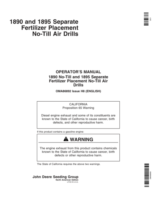 John Deere 1890 & 1895-SFP No-Till Air Drills North America & Australia Edition (730101-735100) Operator’s Manual (OMA86892) Workshop Guide