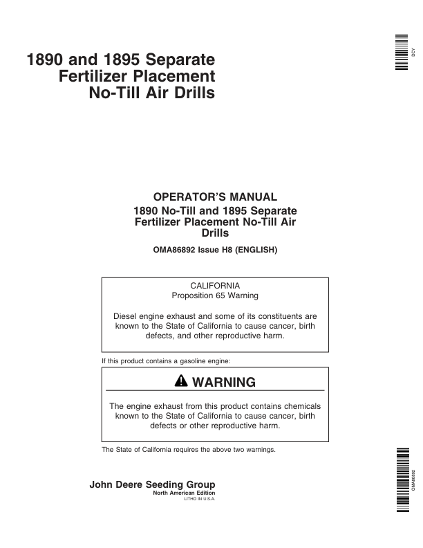 John Deere 1890 & 1895-SFP No-Till Air Drills North America & Australia Edition (730101-735100) Operator’s Manual (OMA86892) Workshop Guide