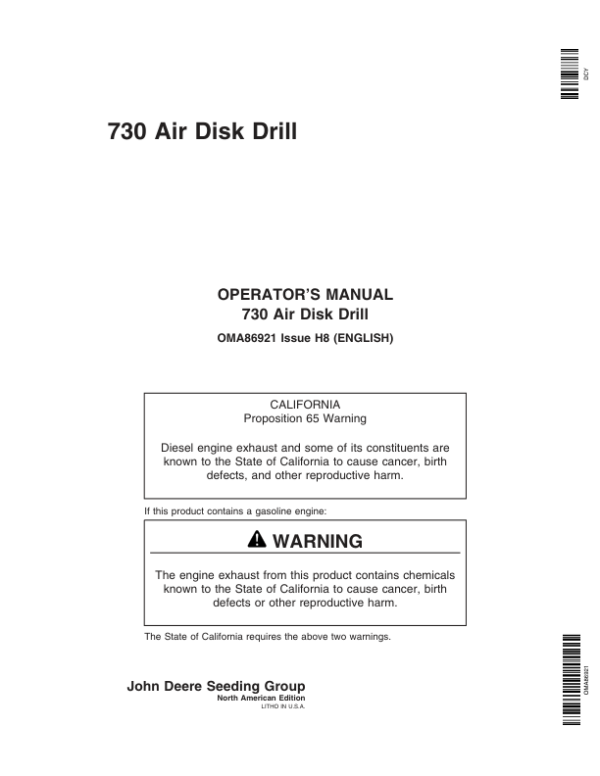 John Deere 730 Air Disk Drill (730101-) (North American) Operator’s Manual (OMA86921) Workshop Guide
