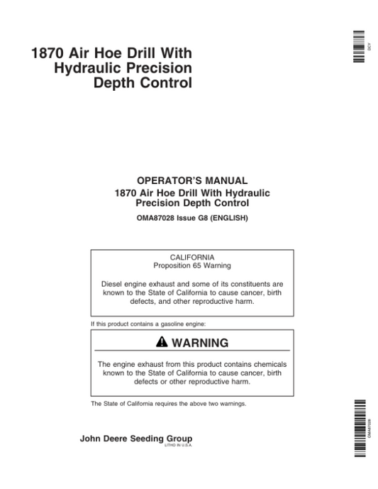 John Deere 1870 Air Hoe Drill North America (730101-735100) Operator’s Manual (OMA87028) Workshop Guide