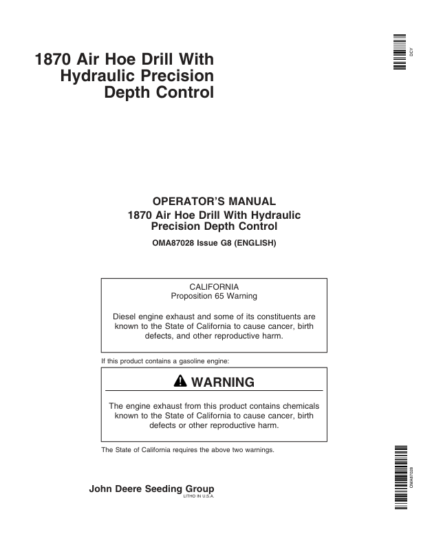 John Deere 1870 Air Hoe Drill North America (730101-735100) Operator’s Manual (OMA87028) Workshop Guide