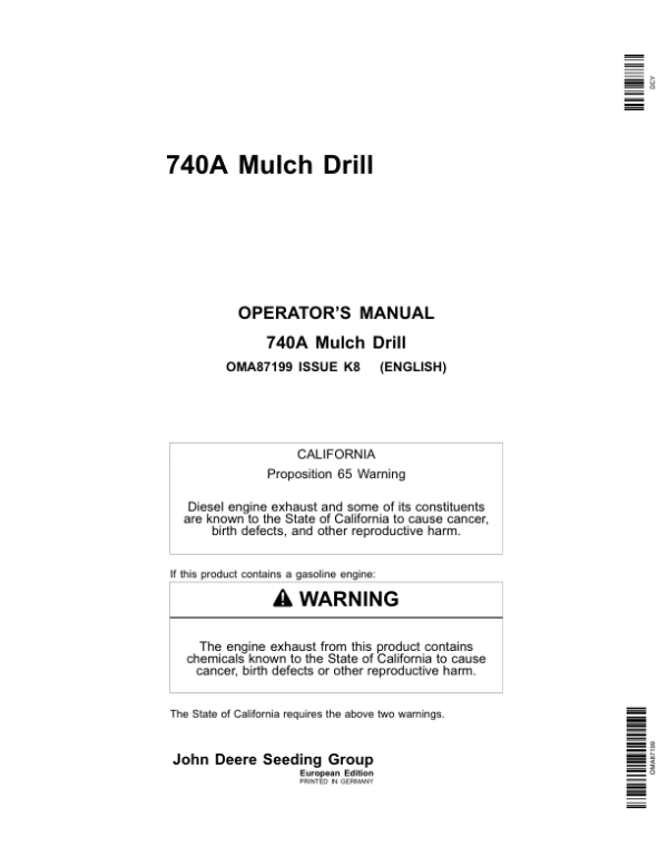 John Deere 740A Mulch Drills Operator’s Manual (OMA87199) Workshop Guide