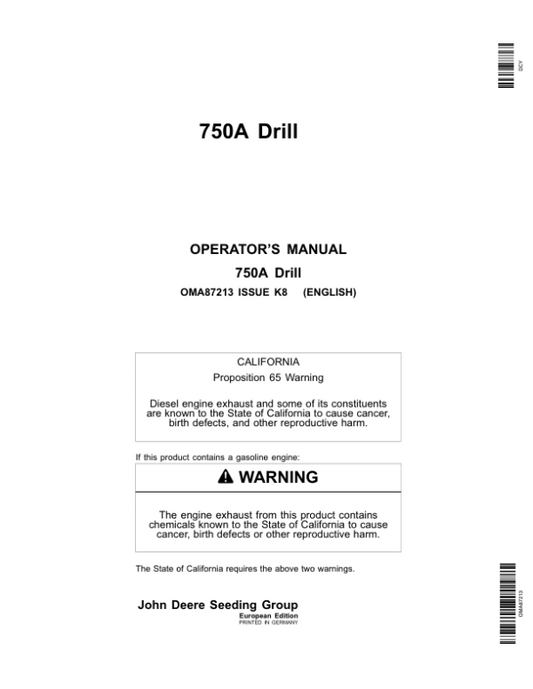 John Deere 750A Grain Drill European Edition (730101-755100) Operator’s Manual (OMA87213) Workshop Guide