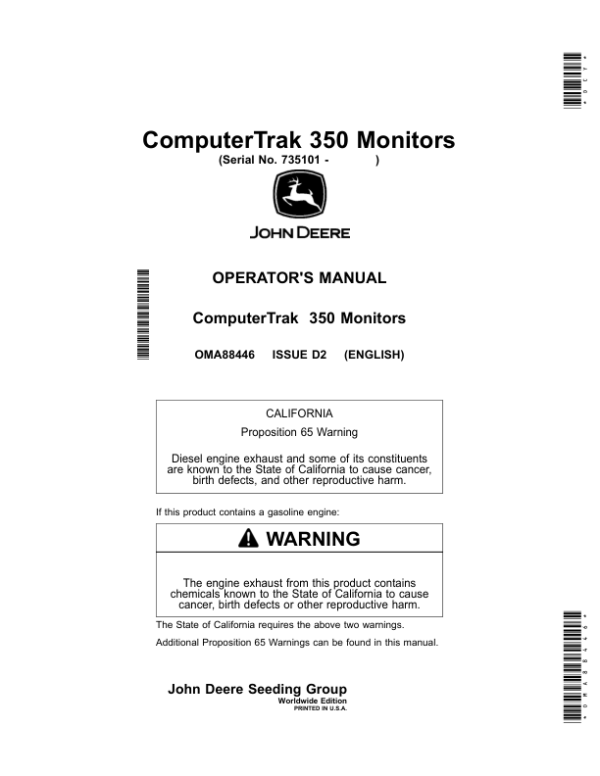 John Deere ComputerTrak 350 Monitors (Worldwide Edition) Operator’s Manual (OMA88446) Workshop Guide