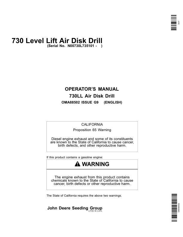 John Deere 730 Level Lift Air Disk Drill North America (735101-740100) Operator’s Manual (OMA88502) Workshop Guide