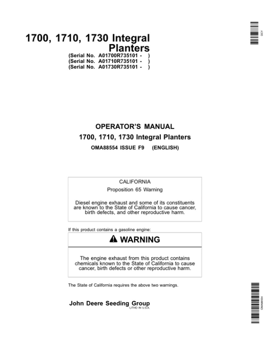 John Deere 1700, 1710 & 1730 Integral Planters North America & Australia Edition (735101-740100) Operator’s Manual (OMA88554) Workshop Guide