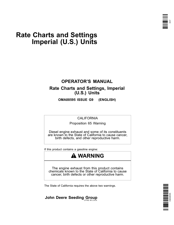John Deere Rate Charts & Settings Standard Units (735101-740100) Operator’s Manual (OMA88595) Workshop Guide