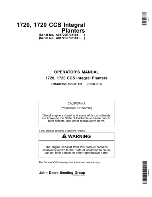 John Deere 1720, 1720 CCS Integral Planters (735101-) Operator’s Manual (OMA88759) Workshop Guide