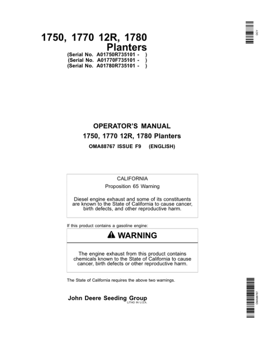 John Deere 1750, 1770 12R, 1780 Planters (735101-) Operator’s Manual (OMA88767) Workshop Guide
