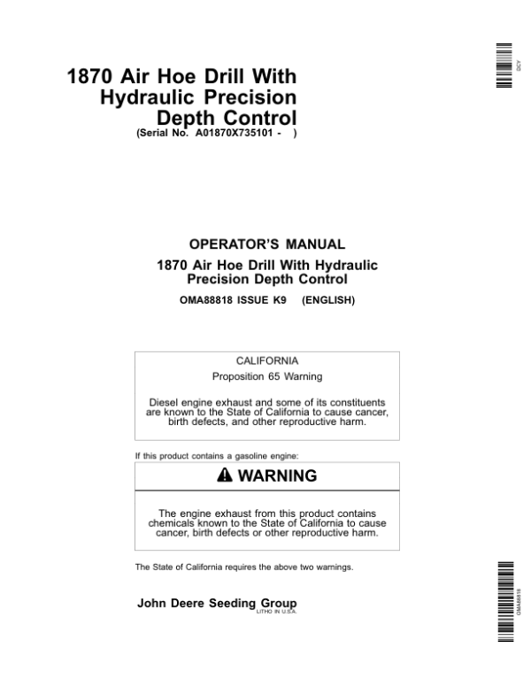 John Deere 1870 Air Hoe Drill North America (735101-740100) Operator’s Manual (OMA88818) Workshop Guide