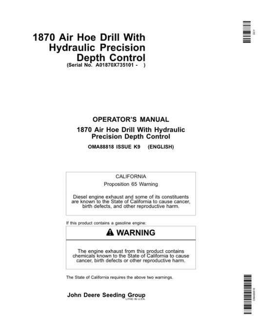 John Deere 1870 Air Hoe Drill North America (735101-740100) Operator’s Manual (OMA88818) Workshop Guide