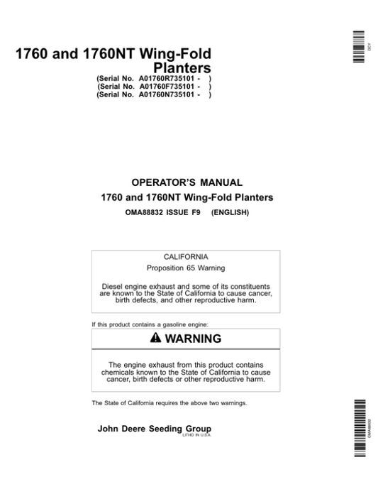 John Deere 1760, 1760NT 6-RN, 8-RN, 8-RW, 12-RN Wing-Fold Planters (735101-) Operator’s Manual (OMA88832) Workshop Guide